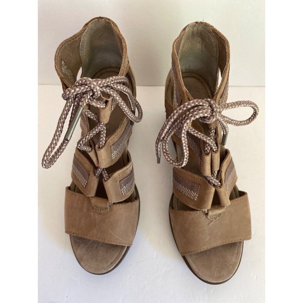 Sorel Joanie ll Lace Webbing Ash Brown Open Toe Cut Out Wedge Heel Sandal 8 - Picture 5 of 7